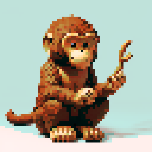 Wooden sculpture of a monkey with realistic fur texture, expressive facial features, and intricately carved hands and feet, sitting on hind legs, playfully holding and twirling the tip of its tail, showcasing exquisite craftsmanship and unique artistry in pixel art style
