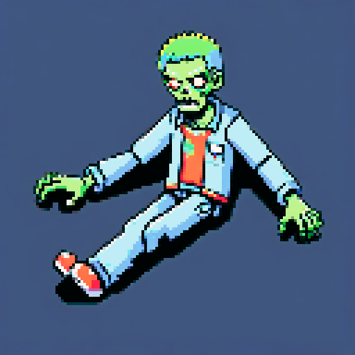 Zombie with limbs spread out wide, laying down, looking at camera, pixel art, sRGB