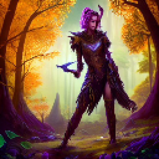 Amidst a dense forest of towering trees and glowing mushrooms, a fierce warrior clad in shimmering armor wields a glowing sword, ready to battle the nefarious monsters that lurk in the shadows.