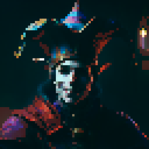 jester, vibrant colors, elaborate costume, mischievous expression, medieval backdrop