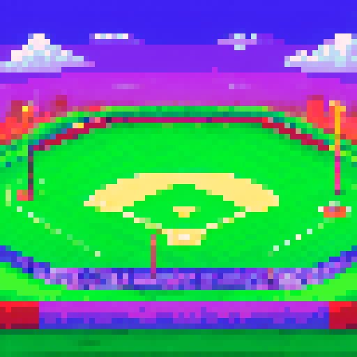 Baseball field, vibrant green grass, neatly lined white bases, players in colorful uniforms, fans cheering in stands, towering floodlights illuminating the night sky, scoreboard displaying team names and scores, pixel art rendition, sRGB color palette, detailed background landscape