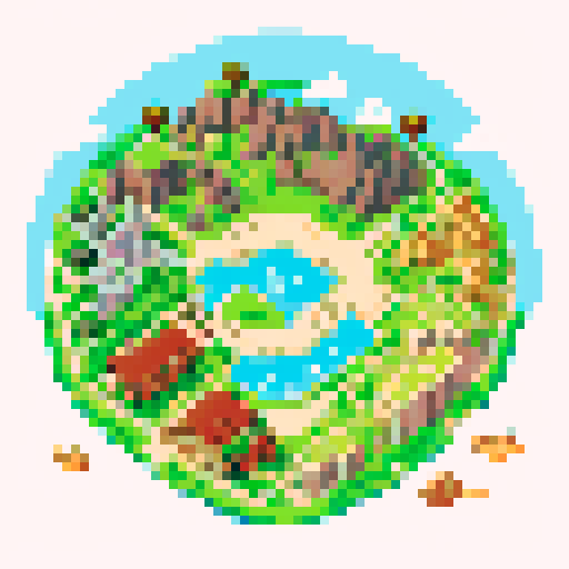 a map containing 5 biomes: a small village of wooden buildings in the center, surrounded by palisades. a desert in the lower right, lava stricken rocky mountains in the top right corner, an ocean in the top left and grasslands in the lower right corner