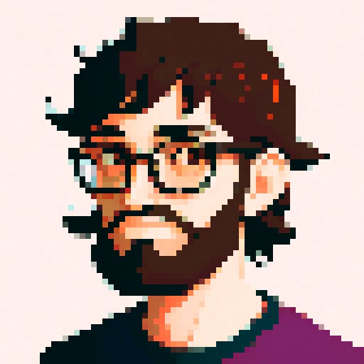 portrait, sprite art, stoner man, young, eccentric, narrow eyes, nerd, muted colors
