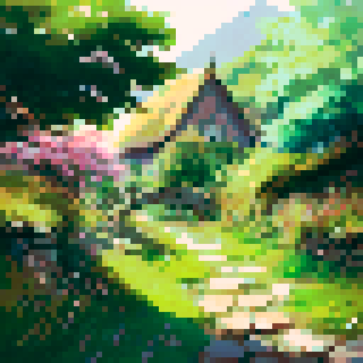 rolling hills, vibrant green meadows, winding cobblestone paths, quaint thatched cottages, blooming wildflowers, white fluffy clouds, a babbling brook, a wooden footbridge, grazing sheep, a majestic oak tree, a golden sunset