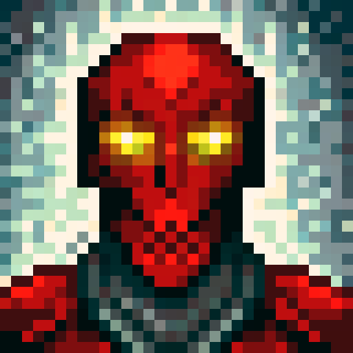 A person with skull mask wearing red suit. Pixel portrait.