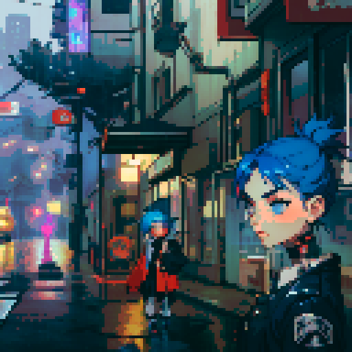 blue haired girl smoking cigarette, and man on the left holding a gun, night time rainy streets, grim