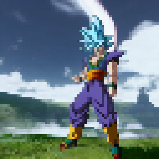 A protagonist in their final form from a universe similar to dragonball z but with characters that favor more of a final fantasy look
