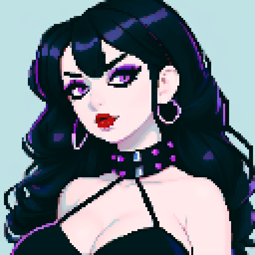 curvy, cute busty goth woman's face, whole head portrait, black hair, purple eyeshadow, red lipstick, low cut black halter top, studded collar, vibrant sRGB colors, pixel art, edgy aesthetic.