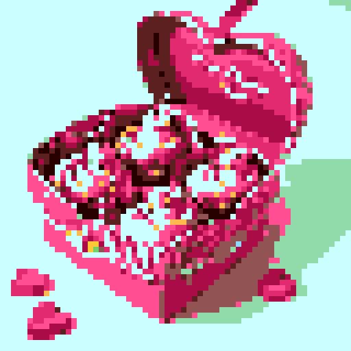 Box of Valentine's Day chocolates, specifically shaped like cupcakes with intricate details such as pink frosting and decorative toppings. Charming and romantic theme. The cupcakes within the box should exhibit a variety of delightful designs, no background, pixel art.