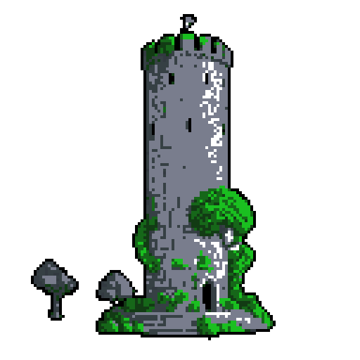 2d grey stone tower in an ancient english style. Old and crumbling but still upright. Green vines crisscross it. Usable as an asset (clear, thick lines and a white background). Put a black stroke around the composition