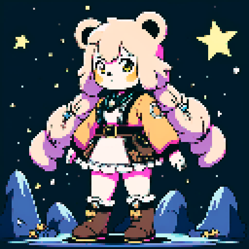 A graphic depiction of a chubby puffy bear in retro 1995 anime style, chibi form, close cam, half body, ellipse head,with black puppet eyes and brown fur, styled with long twin pigtails. Wearing magical clothes with intricate belts and patches. Background of a wild magic night with a dark waterfall and bright stars. Created Using: classic anime aesthetics, detailed magical garments, enchanting night setting, vivid portrayal, star reflections, dynamic composition, hd quality --ar 2:3 --v 6.0 niji