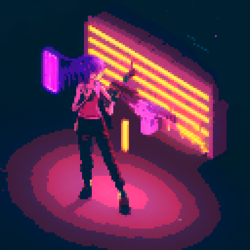 Street Mage anime girl with flowing hair, fluorescent tattoos, and a pixelated sniper rifle, navigating through a purple neon-lit night market and an sRGB glow
