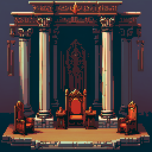 royal council, throne, columns, building, inside, block, wood, discussion table, table, modest