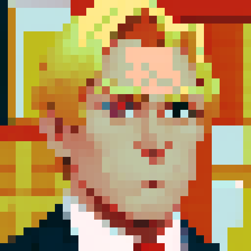 serious blonde man in suit and red tie, proud expression, symmetrical composition, iconic cartoonish style, close up, anime style, pixel art, 32x32, orange-toned skin