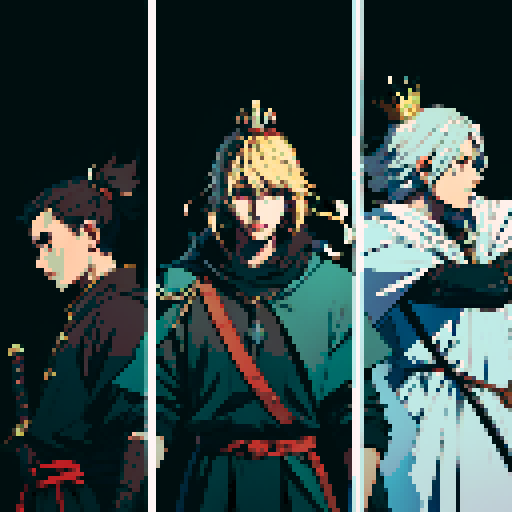 three men, king and his retinue, crown, light at the kind, dark place, king with sword