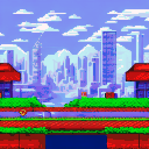 Side view of moving train exterior, pixel art, 16-bit retro game style, colorful modern train wagons in blue red yellow scheme, detailed windows with passenger silhouettes inside, urban subway train design, railway tracks below with steel rails and wooden sleepers, city buildings and skyscrapers in background layers for parallax scrolling, overhead electrical cables and signals, side-scrolling endless runner background.