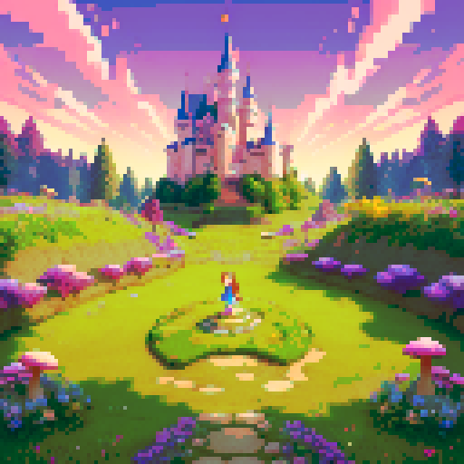 A magical battle arena with a slightly tilted grassy battlefield in the foreground, sloping upward into the distance. The bottom-left corner is clear for the player's perspective, while the middle-right shows vibrant mushrooms, glowing flowers, and the path leading toward a tall, enchanting castle in the background. The entire scene is framed by luminous trees and pastel skies, blending whimsy with balance.