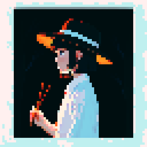 Dark night time in the forest background, midnight, dark forest, profile picture, girl, blue eyes, short black hair, white shirt, brown hat, red neck ribbon, holding an incense stick