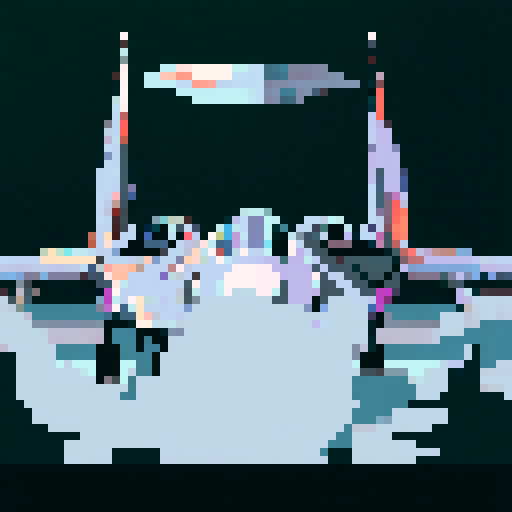 fighter jet squadron, sleek and powerful, soaring through the vast expanse of the sky, with vibrant pixelated details and a vibrant sRGB color palette