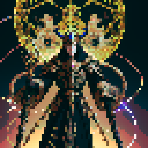 figure clad in elaborate, rune-etched armor, billowing cloak absorbing light, dark iridescent metal exuding contained power, horned baroque helm with intricate network of cables and conduits, backpack device pulsing with unknown energies, staff topped with glowing orb encased in lattice of arcane symbols, outstretched hand, pixel art, sRGB