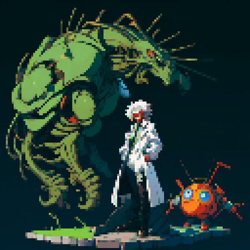 full-body image of a mad scientist with wild hair, lab coat, and goggles, who is facing to the left, giant robot towering in the background, detailed pixel art