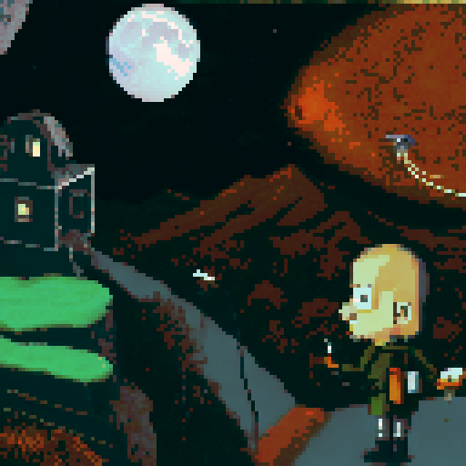 the main protagonist, gurney as seen in the bottom right is on a hill looking over a desolate area with sparse plant life up in flame. We see the back of his head, with his square jaw and a cigarette in his mouth, a golden gun in his hand. in the distance is a large laboratory, which has smoke coming out of it and a hole in the top. The sky is full of starts, a moon and a distant alien planet. Gurney must be present
