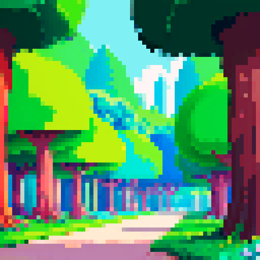 Vibrant, towering, and lush trees surrounded by a pixelated world of vibrant colors
