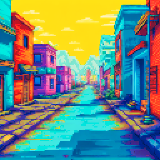 Peaceful streets in Mexico City, with vibrant houses, on a sunny day, with no one outside, no cars, no animals, no people make it similar to the Oregon Trail game