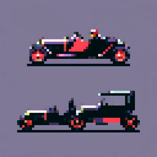 An old model T in a dark color next to a bright formula 1 car