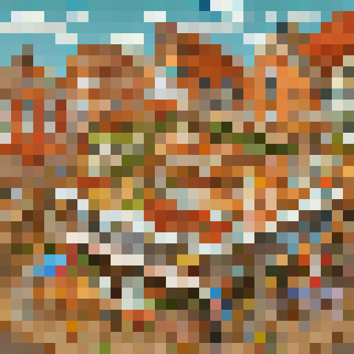 Rustic, earthy village tiles depict a bustling market with vibrant fruits, towering stacks of bread, and a lively crowd in a whimsical, hand-drawn style.