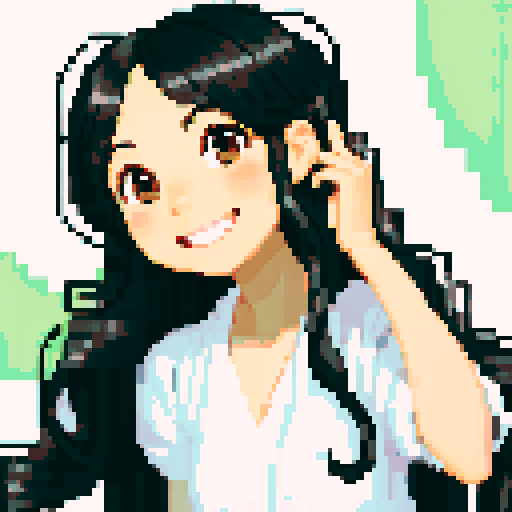 cute female, luscious wavy black long hair, brown eyes, bright smile, fair skinned, cheerful disposition, dynamic poses, pixel art, sRGB, transparent background