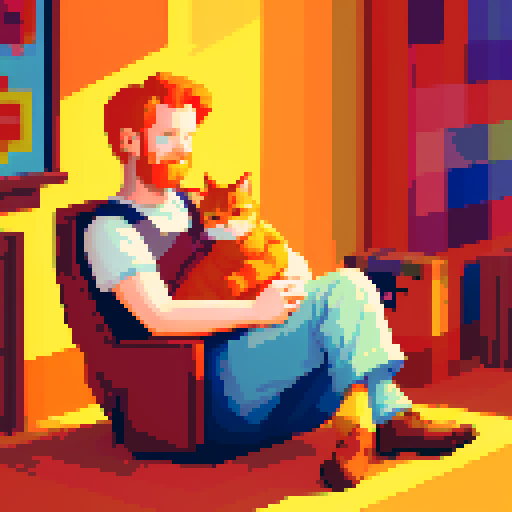 man with a contented ginger cat on his lap, vibrant colors, blocky pixels, retro aesthetic, warm and cozy setting, soft lighting, expressive cat poses, meticulous attention to detail, intricate pixel patterns, nostalgic video game vibes, playful interaction between person and cat, harmonious sRGB color palette