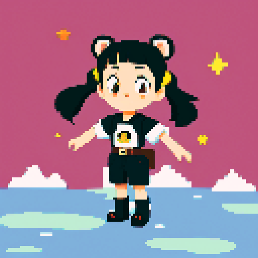 This image features a stylized bear inspired by retro 1995 anime, in a chibi art style. The bear has expressive black eyes and a brown skin. The hair is styled in long twin pigtails, the bear has magical clothes with belts and various patches. This bear has a mascot pose. The background depicts a detailed wild magic night with shining stars and a dark waterfall. This is a typical example of how popular anime characters