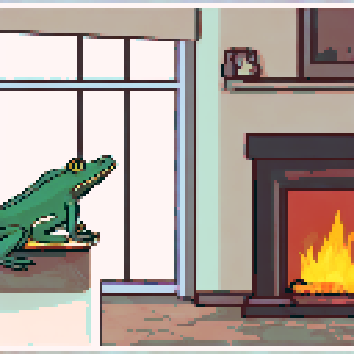 In the cozy ambiance of a dimly lit room, a small, jovial frog perches comfortably upon a plush couch chair, its diminutive size emphasized by the vastness of the furniture. The flickering flames of a nearby fireplace cast a warm glow, enveloping the space in a soft, golden light, creating an atmosphere of comfort and relaxation. With a mug clasped delicately between its tiny webbed fingers, the contented frog takes a sip of steaming coffee, its expression reflecting pure bliss.