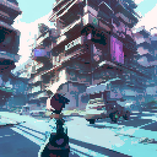 Rust-covered Волга газ 3102 speeds past towering ruins and twisted metal in a post-apocalyptic wasteland, all depicted in a vibrant, anime style.