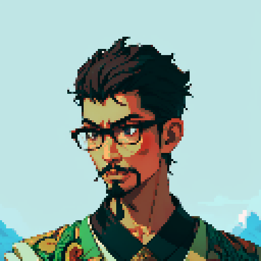 Southeast Asian man, short curly hair, round glasses, tanned, goatee, diamond shaped face, black eyes, age 25, wearing a robe