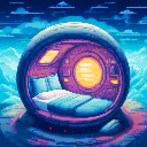 The interior of a small, rounded spaceship from a flat side view. A small, rounded spaceship interior with smooth, curved walls and large windows in the back showing space. In the center is a cryo-pod with a sleeping human inside.