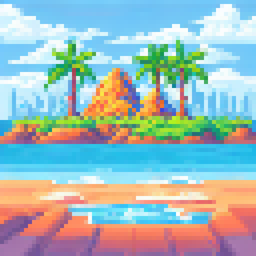 Palm trees swaying in the warm breeze, crystal clear ocean water lapping at the sandy shore, and colorful beach towels scattered across the landscape