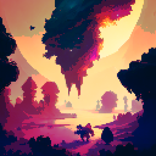 Gnarled branches, glowing orbs, vibrant foliage, Hyper Light Drifter tileset style, mesmerizing immersive fantasy RPG environment