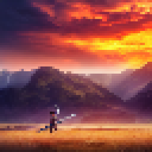 an giant sword stuck on plains of grass, with a beautiful sunset behind