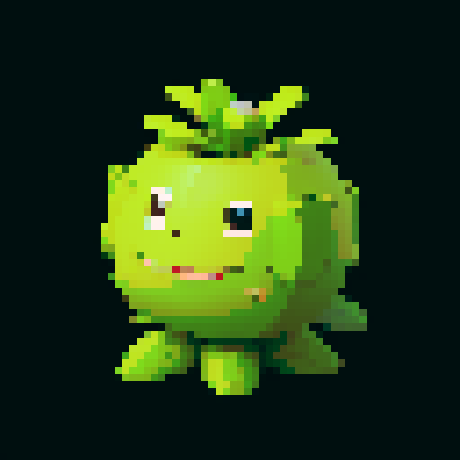 A slightly larger plant-like creature with more defined features, bark-like skin, and budding flowers. It has a friendly expression and a sturdy build. No background.