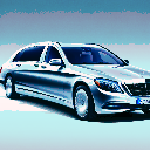 Photorealistic whole Mercedes-Benz Maybach, three-quarter view, right front wheel, clean background, sRGB colors, pixel art style