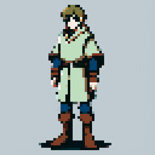 Medieval 13th-century Finnish character, 64x64 pixel sprite, simple tunic, belted waist, fur footwear from hides, cords, natural earthy tones, rugged survival setting, visually expressive at low resolution, neutral front-facing pose, character portrait, close up, anime style, pixel art