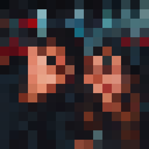 Intense, glaring eyes peering out from a pixelated, close-up 16x16 portrait with sharp lines and stark contrast, the subject appearing as if from a retro video game icon