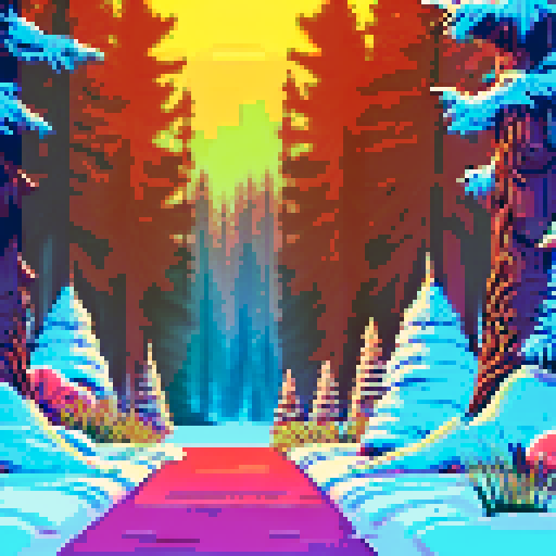 snow covered winter forest, tall spruce trees, clearing, quaint cottage, warm light, windows, snowy ground, sRGB, pixel art, background, landscape