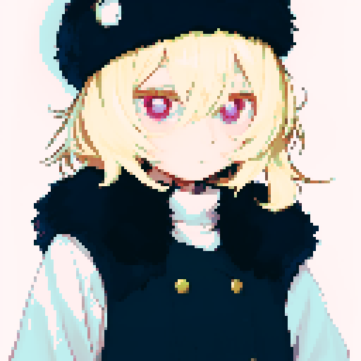 Solo male with perfect anatomy, straight-on, inframe, facing viewer, with round pupils, light blonde hair between eyes, wearing an ushanka hat with a black fur collar, a black vest, puffy sleeves, and black elbow gloves, his round eyes and pink eyes looking at the viewer, smile, giving off a sadistic vibe, in a pixel art style with sRGB colors, half closed eyes, by pekeko (pepekekeko)