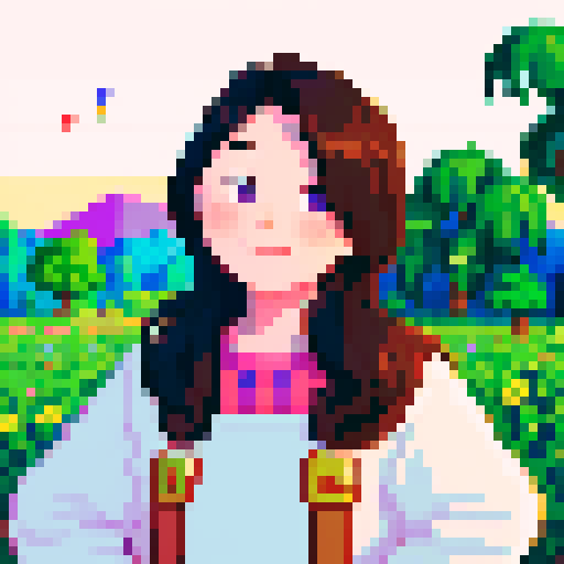 stardew valley-inspired, woman, asian, pixel art, sRGB, vibrant colors, rustic backdrop, dark hair, glowing skin, gentle smile, rosy cheeks