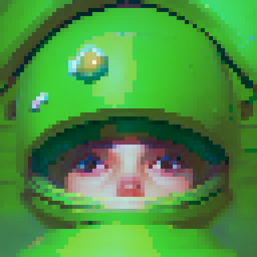 "Mushroom Boy stares directly at the viewer with wide, innocent eyes, his rounded, red mushroom cap contrasting against his pale skin in a pixelated, anime-inspired close-up portrait."