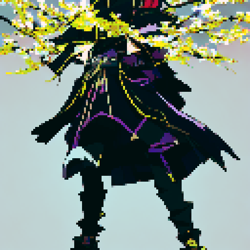 A pale, ethereal figure floats amidst cascading cherry blossom petals, holding a scythe with intricate engravings and wearing a flowing black robe with golden trimmings