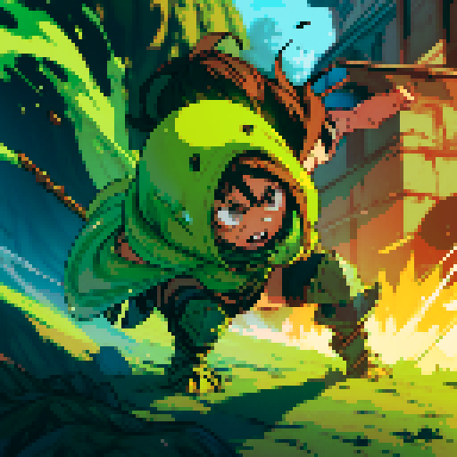 slime slamming into a hero, impact, splattering, full-body image, hero has brown hair and metal armor, slime is green, hero is in pain from the impact of the slime running into them at high speeds